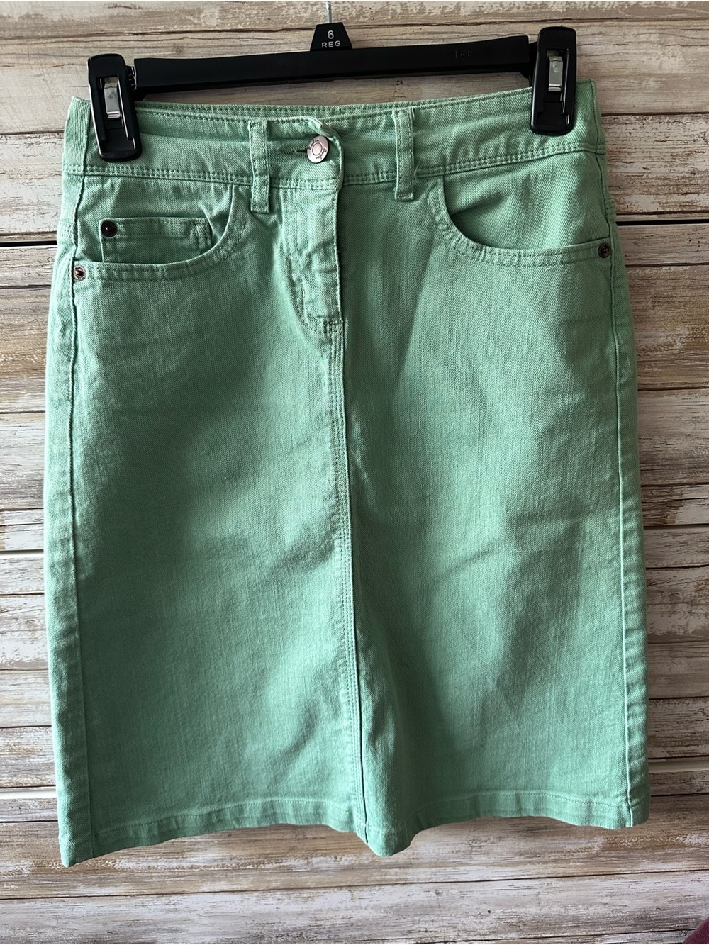 🍃 Boden Green Denim Knee-Length Skirt UK 6 US 2 Cotton Stretch Pockets